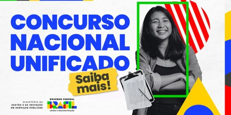 Imagem gráfica do Concurso Nacional Unificado 2025 com destaque para uma jovem sorrindo e um clipboard, ao fundo elementos coloridos e o logo do Governo Federal do Brasil