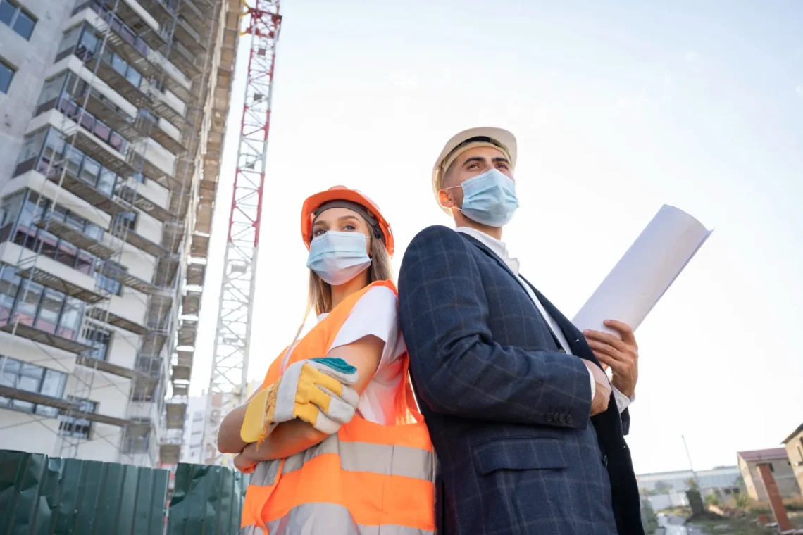 Engenheiro e trabalhadora da construção civil em um canteiro de obras, representando as profissões com altos salários iniciais na engenharia