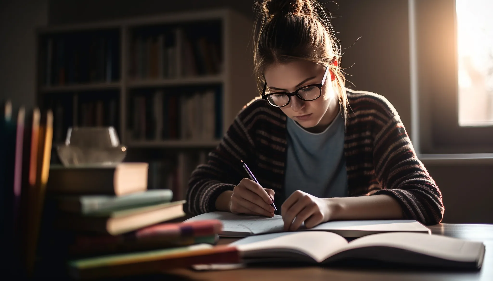 Estudante focada nos estudos, representando a importância de gerenciar o tempo para aumentar a produtividade nos estudos.