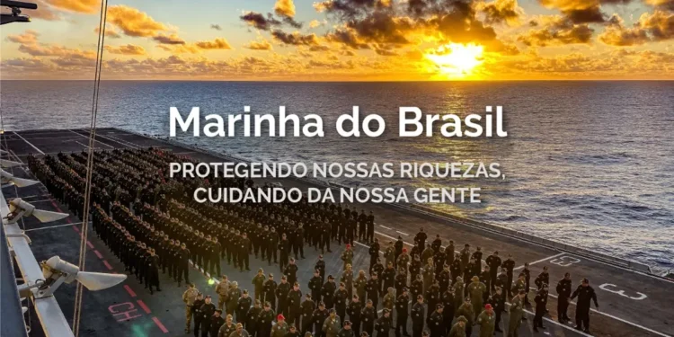 Marinha do Brasil com militares em formação durante o pôr do sol no mar