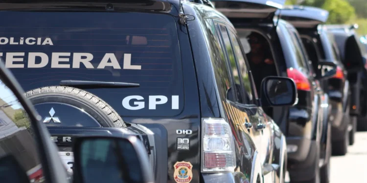 Viaturas da Polícia Federal enfileiradas em operação.