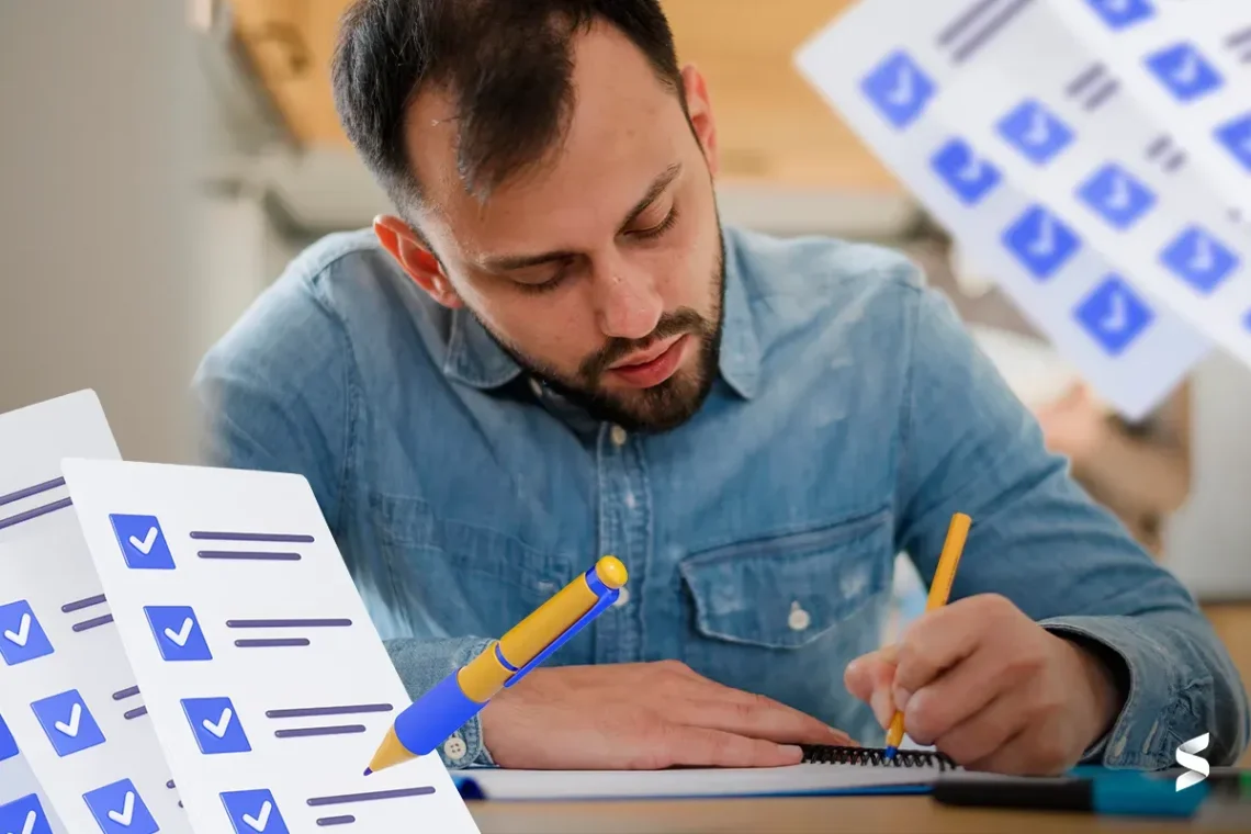 Pessoa estudando e resolvendo questões para concurso público, representando o foco na prática e aprimoramento de conhecimentos