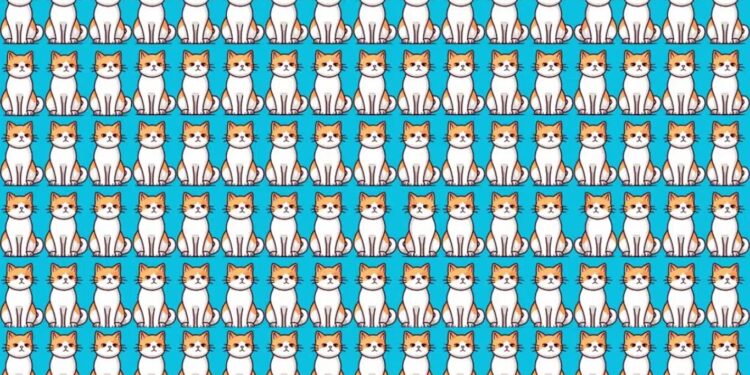 Imagem com uma série de gatos desenhados em estilo cartoon, todos sentados em frente a um fundo azul. A imagem é composta por várias fileiras de gatos com um padrão repetitivo, criando um desafio visual