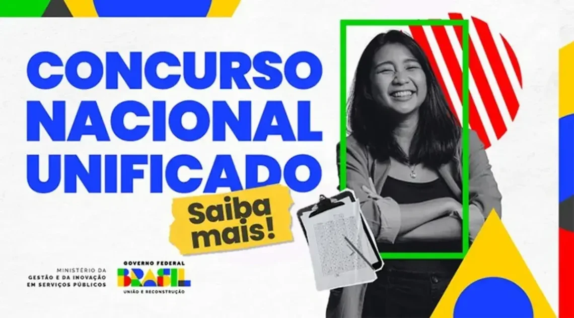 Imagem do Concurso Nacional Unificado com destaque para a marca e uma participante sorrindo