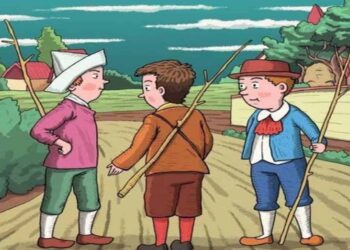 Desafio visual de três garotos vestidos com roupas antigas conversando em uma estrada rural, com um rosto oculto na imagem.