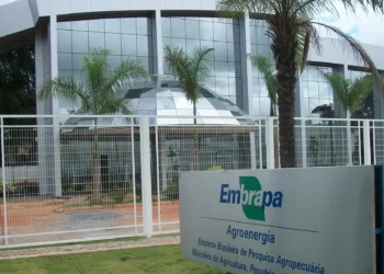 Fachada da unidade da Embrapa Agroenergia, com a entrada principal e cercado de árvores.