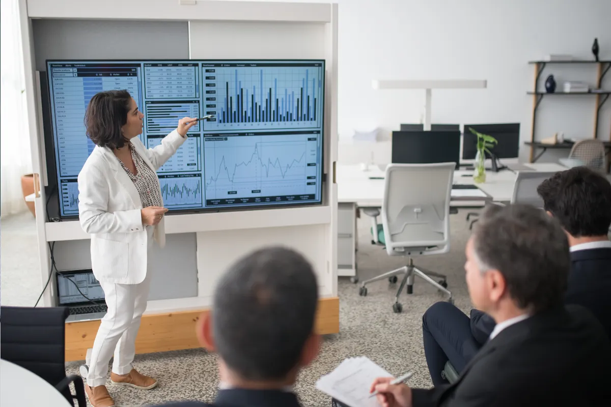 Apresentação de gráficos e análise de dados em ambiente corporativo.