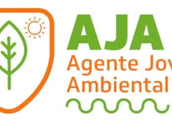 Logo do Agente Jovem Ambiental (AJA), com ícones representando a natureza e a sustentabilidade