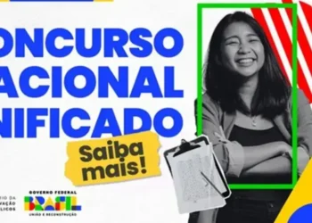 Banner promocional do Concurso Nacional Unificado com uma jovem sorridente e elementos gráficos coloridos