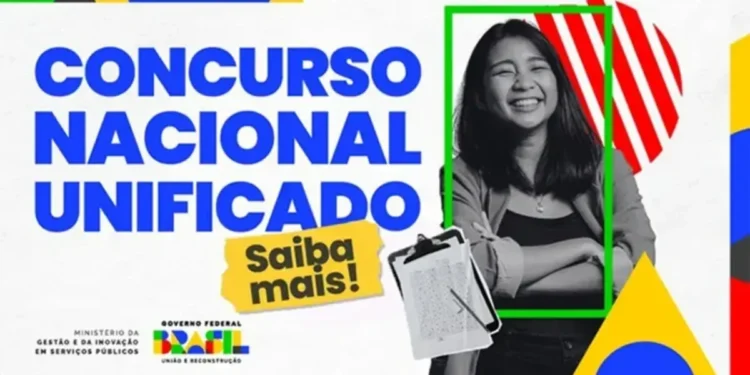 Banner promocional do Concurso Nacional Unificado com uma jovem sorridente e elementos gráficos coloridos