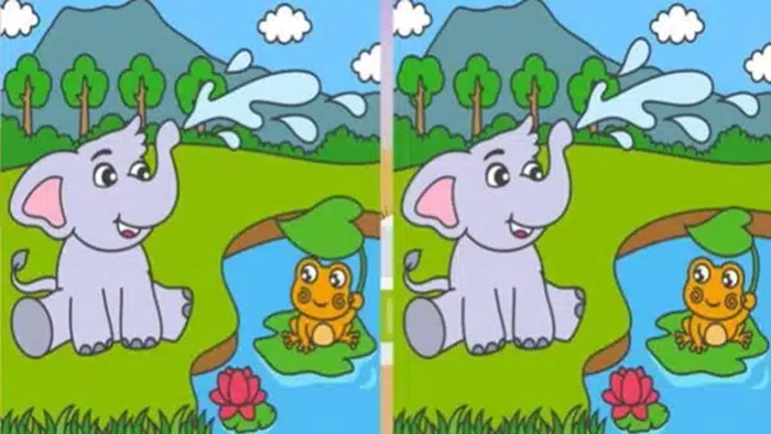 Desafio visual: Encontre as 3 diferenças em uma cena com um elefante e um sapo.