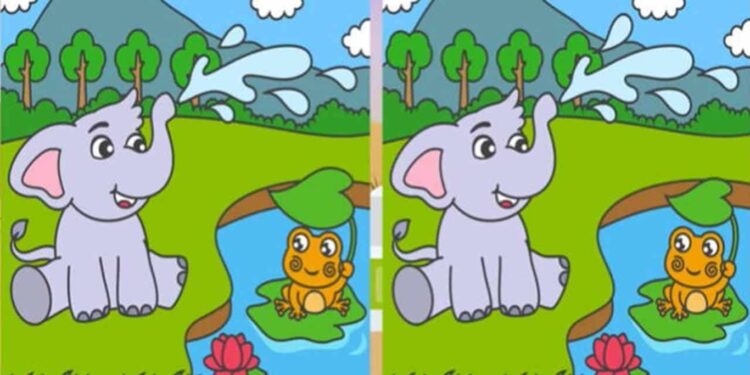 Desafio visual: Encontre as 3 diferenças em uma cena com um elefante e um sapo.