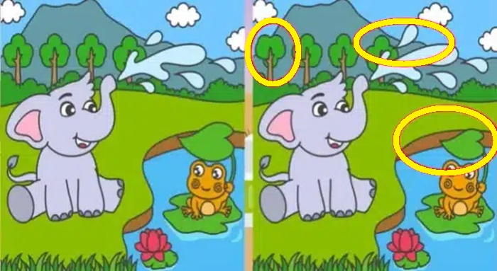 Desafio visual: Encontre as 3 diferenças em uma cena com um elefante e um sapo. Solução!