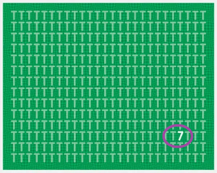 Solução do teste de QI imagem de um padrão visual com várias letras 'T' organizadas em linhas e colunas sobre um fundo verde.