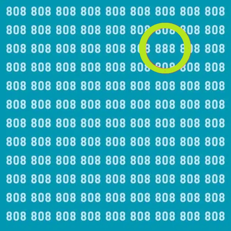 Solução do teste de QI com imagem de números "808" repetidos, com um número "888" oculto entre eles.