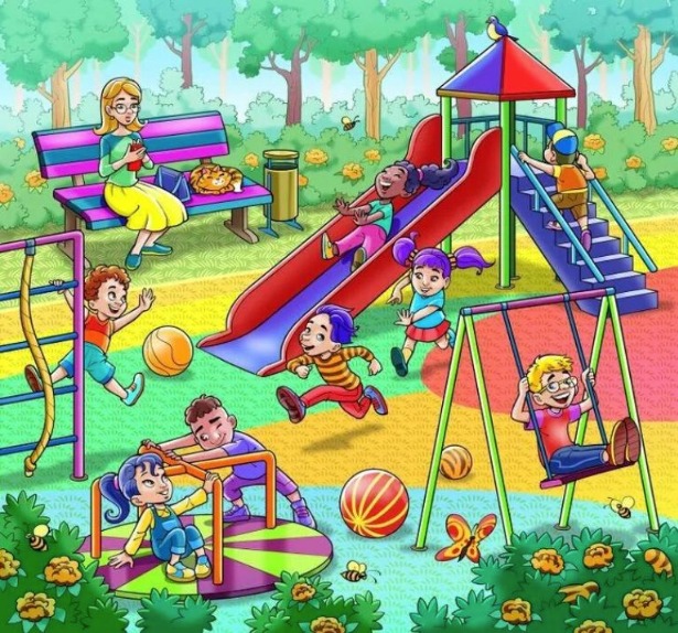Imagem colorida de um parque infantil com várias crianças brincando, e um tigre escondido entre os elementos.