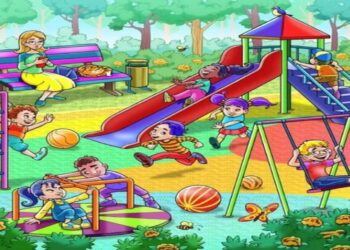 Desafio visual com imagem colorida de um parque infantil com várias crianças brincando, e um tigre escondido entre os elementos.