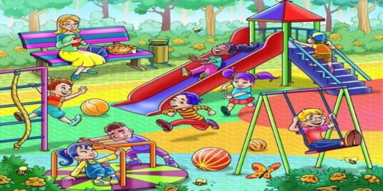 Desafio visual com imagem colorida de um parque infantil com várias crianças brincando, e um tigre escondido entre os elementos.