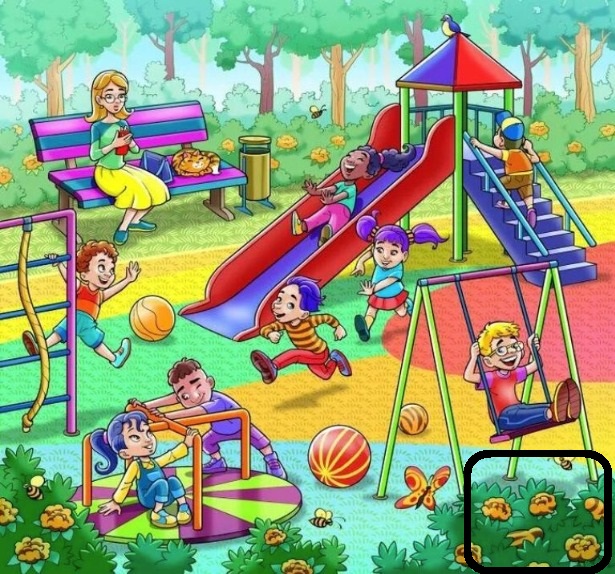 Solução do desafio visual com imagem colorida de um parque infantil com várias crianças brincando, e um tigre escondido entre os elementos.