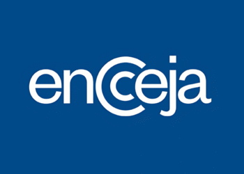 Logotipo do Encceja sobre fundo azul, com tipografia branca moderna.