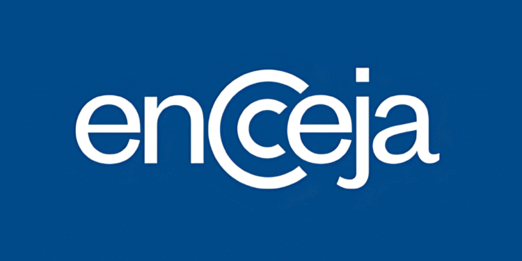 Logotipo do Encceja sobre fundo azul, com tipografia branca moderna.