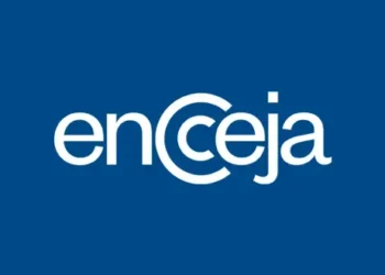 Logotipo do Encceja 2025, com o nome 'encceja' em branco sobre fundo azul.