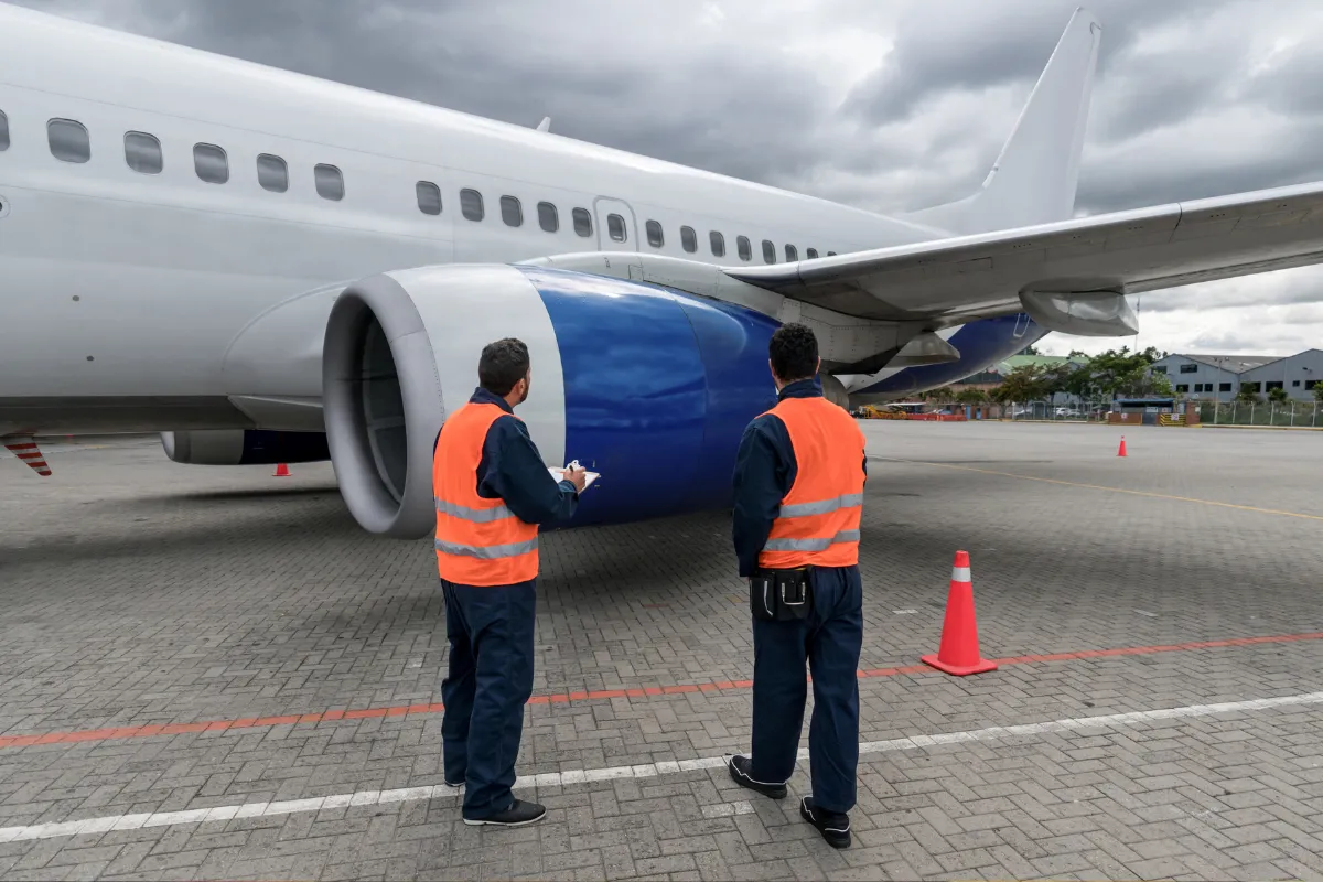 Dois profissionais de manutenção de aeronaves inspecionando o motor de um avião no hangar.