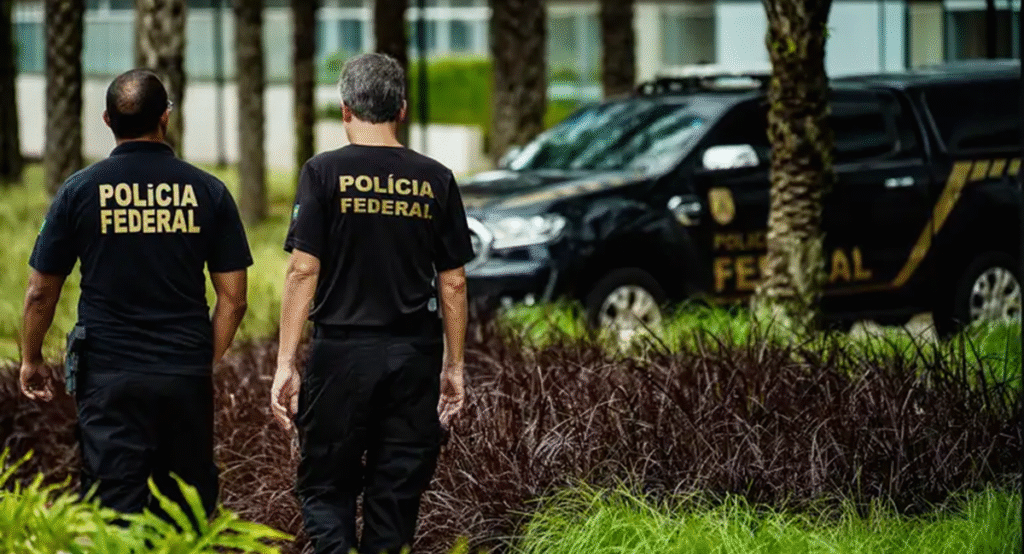 Dois agentes da Polícia Federal caminhando em direção a um veículo da corporação.