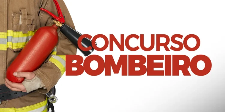 Imagem de um bombeiro segurando um extintor de incêndio, com a inscrição 'Concurso Bombeiro'.
