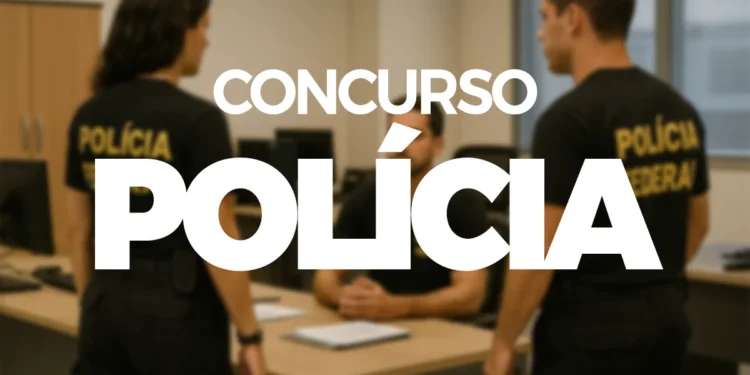 Imagem de policiais federais em ambiente de trabalho, com foco em preparação para concurso