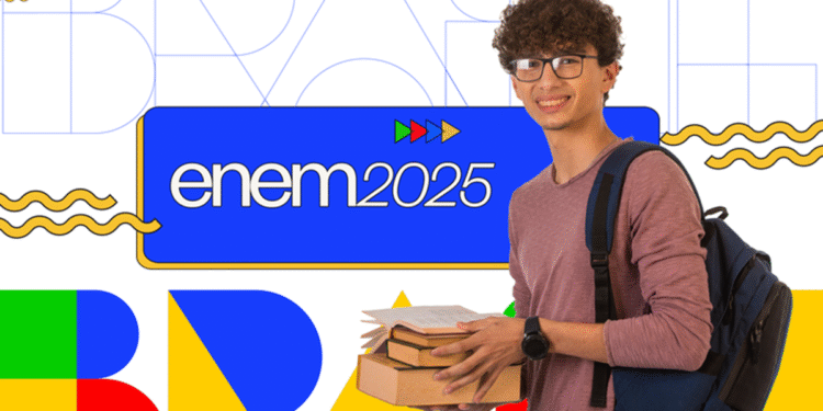 Jovem estudante com mochila segurando livros em fundo colorido com logo do Enem 2025