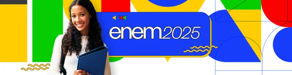 Jovem estudante sorridente com mochila e cadernos em fundo colorido do Enem 2025.