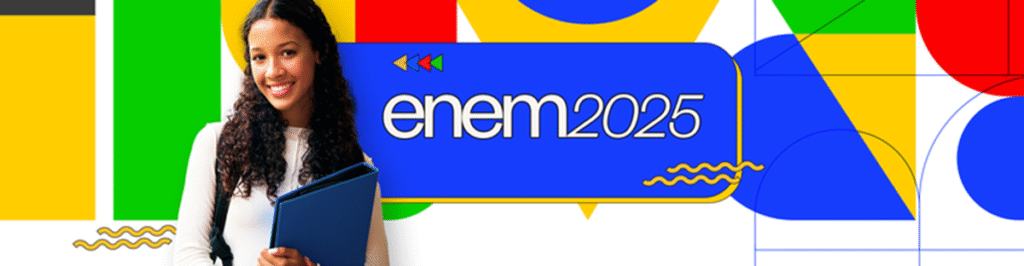 Estudante sorridente com pasta azul ao lado do logotipo Enem 2025 sobre fundo colorido com formas geométricas.