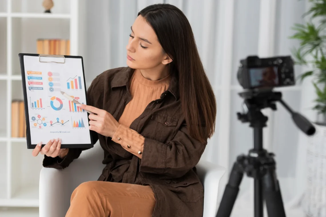 Analista de Marketing explicando dados em vídeo Mulher apresentando gráficos e dados em uma prancheta durante uma gravação, representando análise de marketing