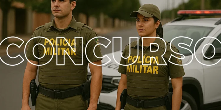 Dois policiais militares fardados posando em frente a um carro da polícia com a palavra 'CONCURSO' sobreposta.
