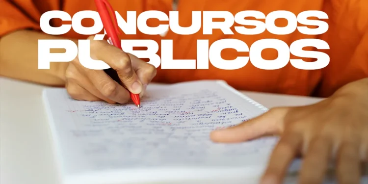 Pessoa escrevendo em caderno com caneta vermelha, representando estudo para concursos públicos.