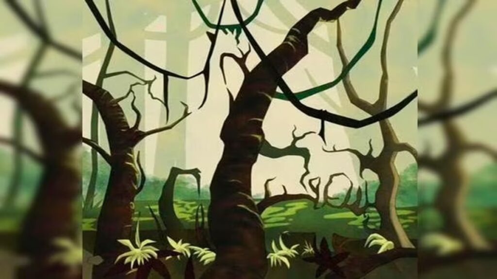 Ilustração de uma floresta enigmática com árvores torcidas e formas ocultas que lembram animais.