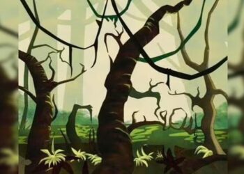 Desafio visual com ilustração de uma floresta enigmática com árvores torcidas e formas ocultas que lembram animais.