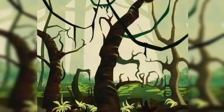Desafio visual com ilustração de uma floresta enigmática com árvores torcidas e formas ocultas que lembram animais.