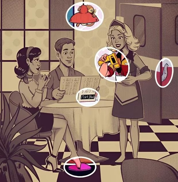 Solução do desafio visual em cafeteria retrô com cinco erros escondidos na cena