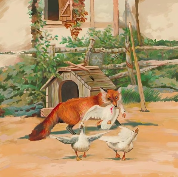 Desafio visual ilustração de uma raposa carregando um pato, com outros patos voando ao redor e um galinheiro ao fundo