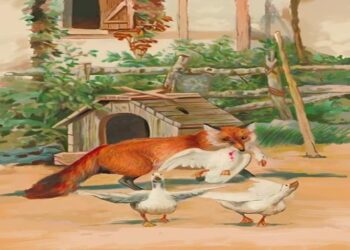 Desafio visual ilustração de uma raposa carregando um pato, com outros patos voando ao redor e um galinheiro ao fundo