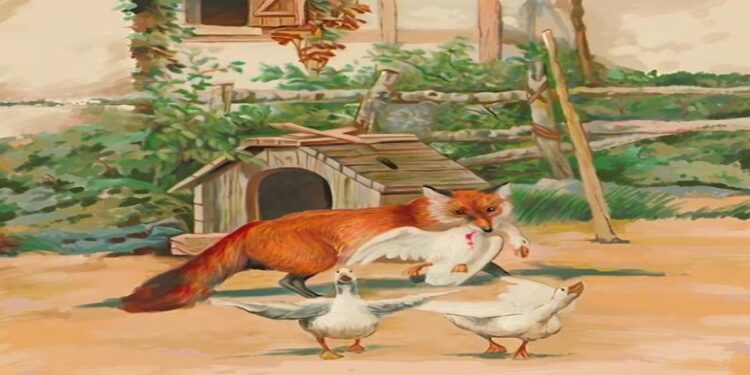 Desafio visual ilustração de uma raposa carregando um pato, com outros patos voando ao redor e um galinheiro ao fundo