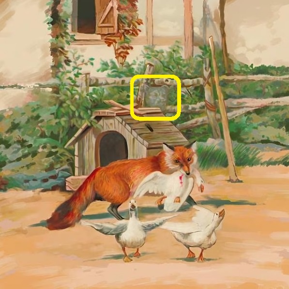 Solução do desafio visual ilustração de uma raposa carregando um pato, com outros patos voando ao redor e um galinheiro ao fundo