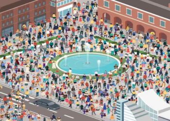 Desafio visual com a multidão reunida em praça urbana com fonte central e edifícios ao redor.