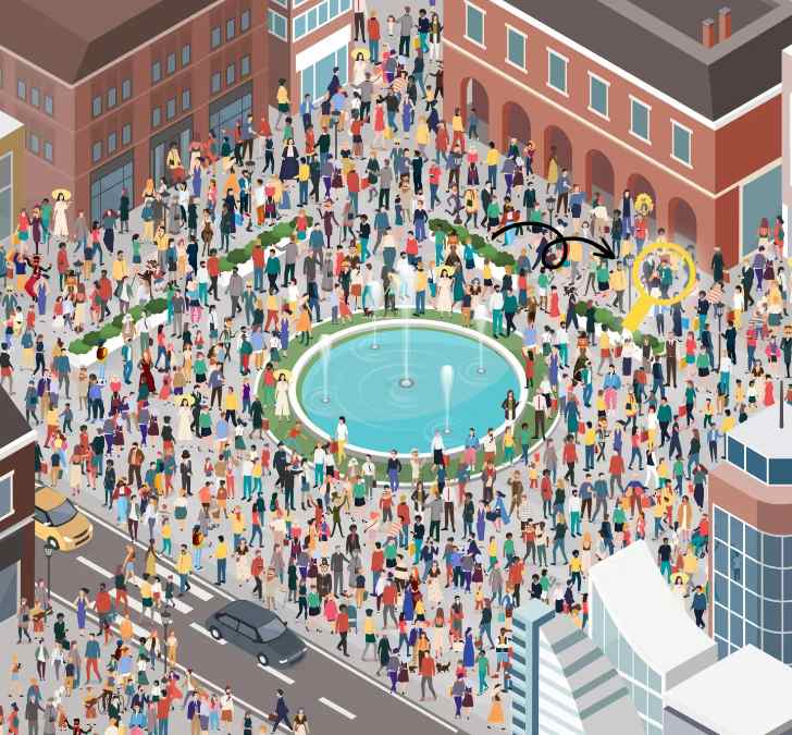 Solução desafio visual com a multidão reunida em praça urbana com fonte central e edifícios ao redor.