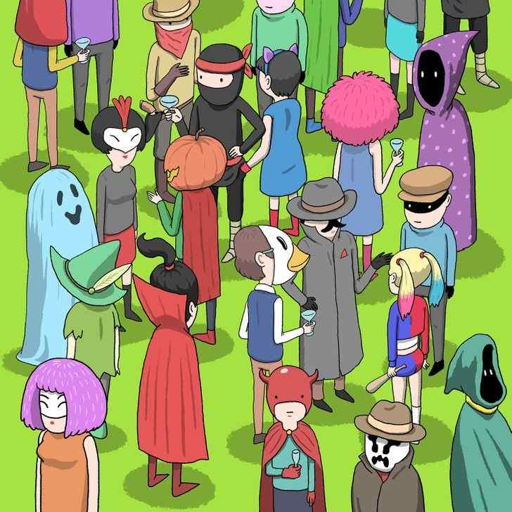 Pessoas fantasiadas em uma festa divertida ao ar livre, com personagens coloridos e criativos.