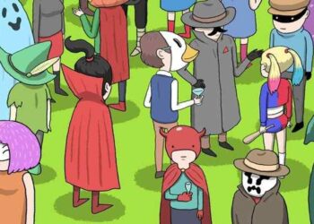 Desafio visual com pessoas fantasiadas em uma festa divertida ao ar livre, com personagens coloridos e criativos.