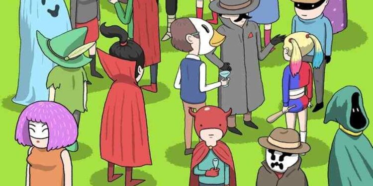 Desafio visual com pessoas fantasiadas em uma festa divertida ao ar livre, com personagens coloridos e criativos.