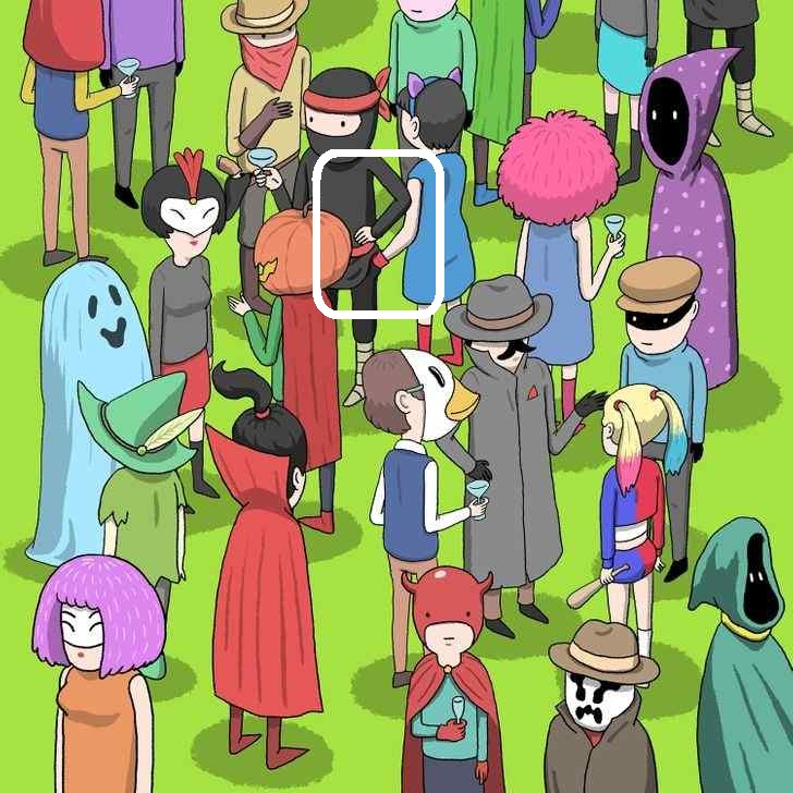 Solução do desafio visual com pessoas fantasiadas em uma festa divertida ao ar livre, com personagens coloridos e criativos.